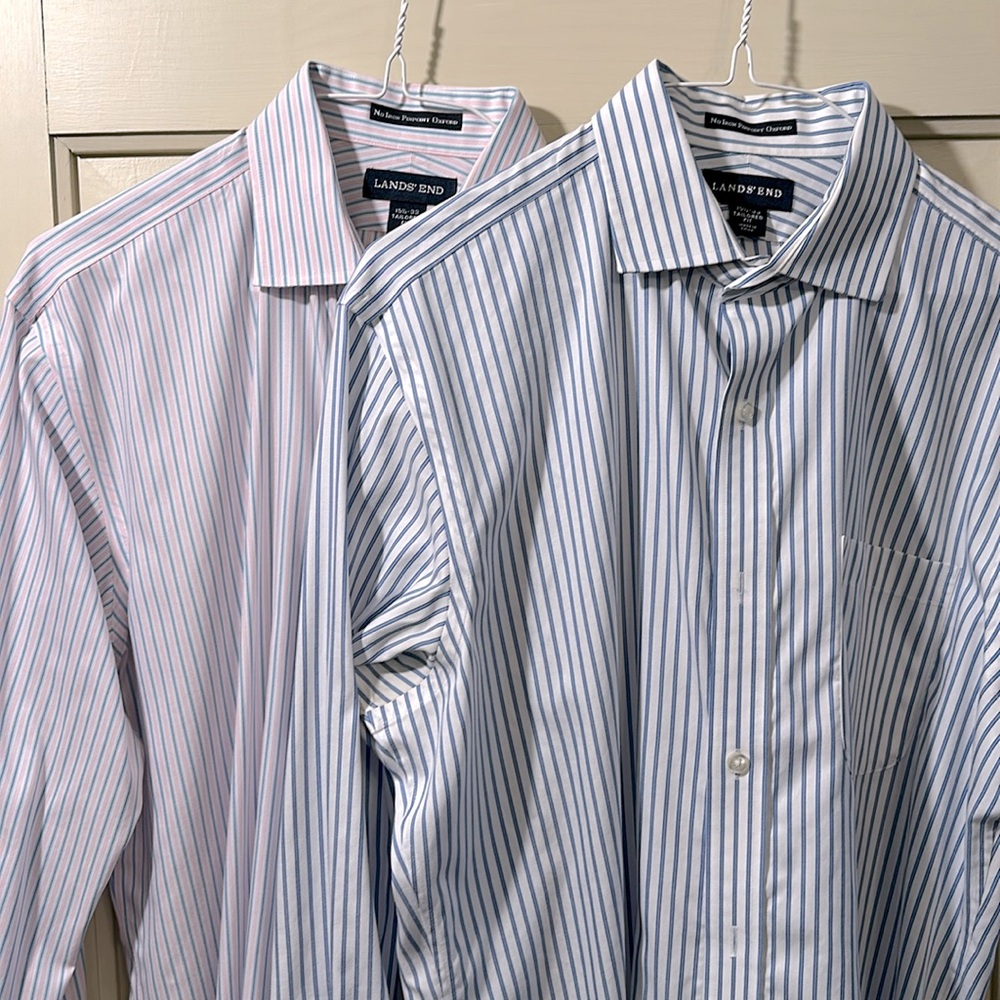 Bundle: Two Men’s No Iron Dress Shirts from Lands’ End — Sz 15.5 / 33 — Stripes